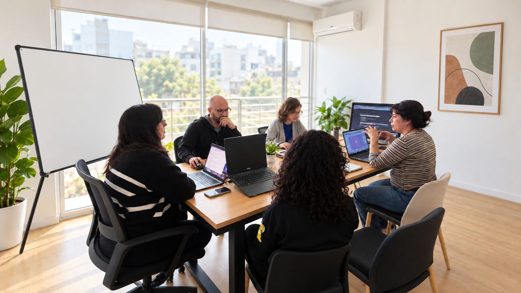 Personas trabajando con computadoras alrededor de una mesa en la oficina.